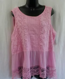 Crown & Ivy Blouse Size PXL NWT Pink Schiffly Trim Lace Hem Scoop Neck Sleeveles - Picture 1 of 12