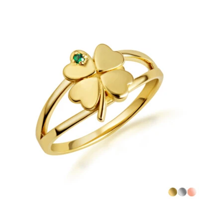 Gold Lucky 4 Leaf Clover Emerald Gemstone Ring - Image 1 of 4