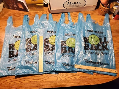 Lote de 5 bolsas de plástico azul Walmart 2000 cara sonriente enrollable cara enrollable Y2K Foto 1 de 4
