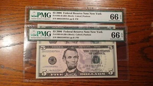 TWO 2006 NEW YORK Five Dollar PMG GEM 66 EPQ CONSECUTIVE # BANK NOTES $5 BILLS! - Picture 1 of 4