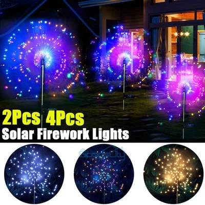 2-4PK 200 LED Solar Firework Lights Garden Starburst 50 Copper Wires String Lamp - Image 1 of 4
