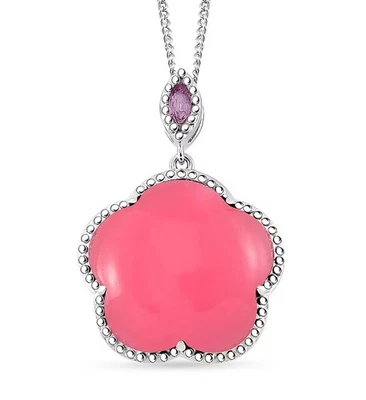 Pink Jade & Pink Sapphire 15.00 ctw Cherry Blossom Pendant Necklace 18in Silver  - Image 1 of 4