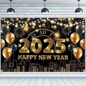 Happy New Year Backdrop Banner 71 x 43 Inch Large Size 2025 Background Black ... - Picture 1 of 7