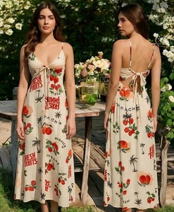 Paper Heart Fruit Print Linen Blend Maxi Dress XS Y2K Summer Tie Back Vacation - Picture 1 of 12