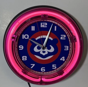 Chicago Cubs Bear Face Nostalgic Logo Neon Wanduhr - Bild 1 von 2