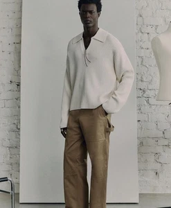 H&M Atelier Herren Rippstrick Loose Fit Polo Pullover (Creme). Neu mit Etikett. M. Ausverkauft - Bild 1 von 8