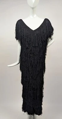 ВИНТАЖНЫЙ 1970-Х ТЯЖЕЛЫЙ ВИСКОЗЫ SHAG БАХРОМА ВЯЗАНОЕ ДЛИННОЕ ПЛАТЬЕ - Изображение 1 из 4