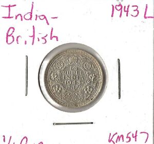 Coin India (British) 1/4 Rupee 1943 L KM547, silver