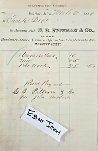 Pontiac Michigan 1880 Billhead C.B. ESTUFAS DE HARDWARE HOJALATA Pittman & Co., - Imagen 1 de 1