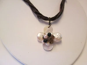 Mud Pie Mother of Pearl Brown Leather Strand Necklace, New in Box - Picture 1 of 4