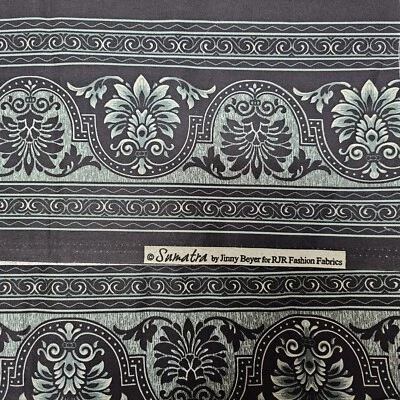 Jinny Beyer Sumatra RJR Fabric Green Black Scroll Floral Stripe 78" x 44" Cotton - Image 1 of 4