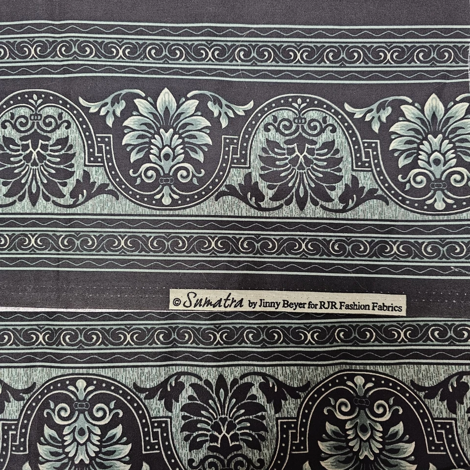 Jinny Beyer Sumatra RJR Fabric Green Black Scroll Floral Stripe 78" x 44" Cotton - Image 1 of 4