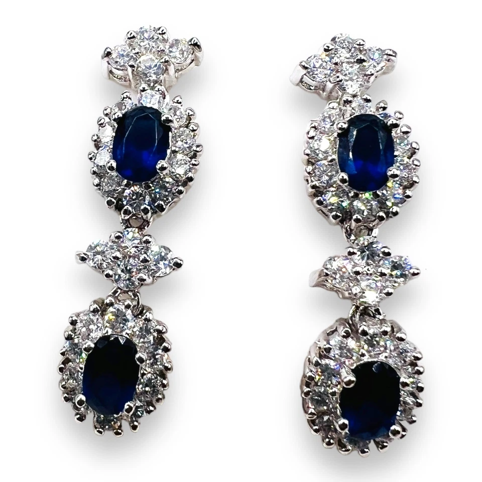 925 Sterling Silver Drop Dangle Cocktail Earrings Blue CZ - Image 1 of 4