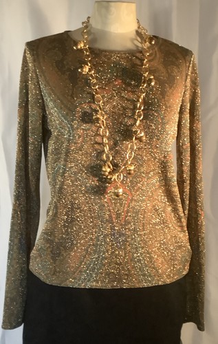 RARO NUOVO CON ETICHETTE VINTAGE BURBERRYS rame metallizzato colorato scintillante paisley top WOW! S