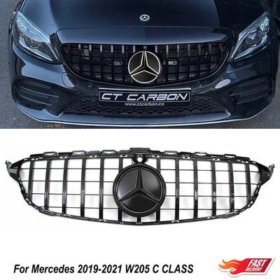 Black Grille W/LED Emblem For Mercedes Benz W205 C300 C43 2019 2020 2021 Grill - Image 1 of 4
