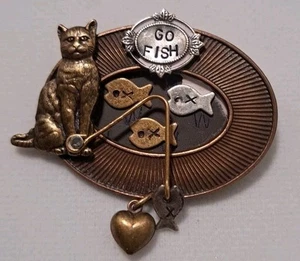 Vintage Metal Cat Go Fish Fishing Heart Bangle Pin Kitten Cat Pin - Picture 1 of 4