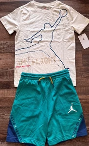 NWT Nike Jordan Boys YSM Off White/Blue/Green Fleece Shorts Set Small - Picture 1 of 4
