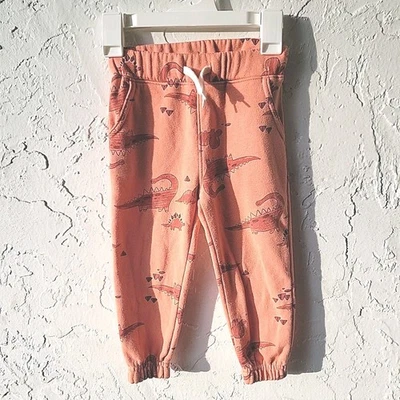 Old Navy Dinosaur  Sweatpants Joggers Orange Elastic Drawstring Pocket Boy 2t - Image 1 of 4