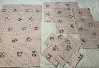 10-Piece Cotton Floral Tablecloth Set Pink Roses Striped Floral Cottagecore EUC  - Image 1 of 4