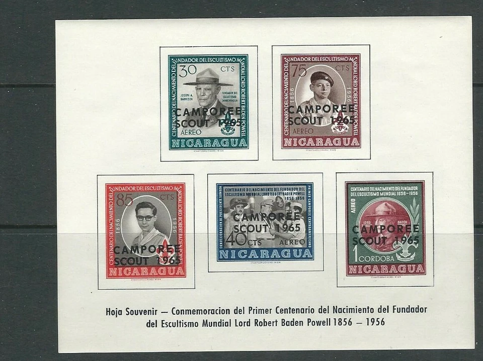 NICARAGUA 1965 SCOUTS souvenir sheet with CAMPOREE overprint (Sc C386a) VF MNH - Image 1 of 1