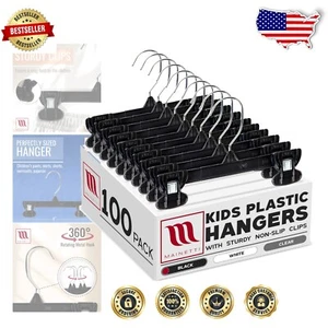 Children's Clothing Essentials: 100 Black Hangers with Rotatable Hooks & Clips - Picture 1 of 9