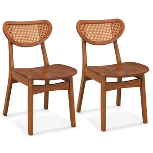 Wooden Dining Chair Set of 2 w/ Breathable Mesh Cane Backrest, Rubber Wood Legs - Picture 1 of 9