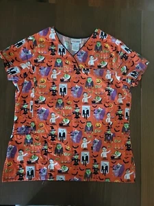Halloween Horror Monsters Spooky Orange Scary Women's Scrub Top M Scrubs - Picture 1 of 8