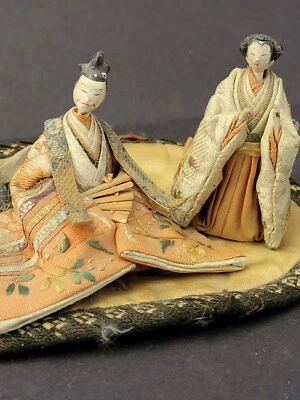 Gofun Meiji Period Hina Japanese Emperor/Empress Doll & Serving Lady small size  - Image 1 of 4