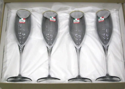 Art Decor Box Set 4x Grey/Blue & With Gold Rim Champagne Flutes - Labelled/New - Image 1 of 4