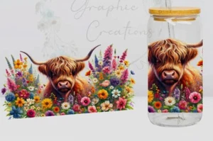 UV DTF “Highland Cow In Wildflowers ” Wrap DIY Transfer 16oz Glass Cup/Mug NEW - Picture 1 of 3