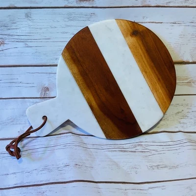 "Tablero de charcutería italiano de mármol y acacia a rayas bandeja de queso de 9""" Foto 1 de 4