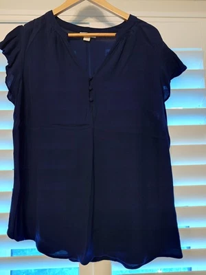 Monsoon 18 navy cap sleeved top, deep notched neck, 3 button front fastening - Image 1 of 4