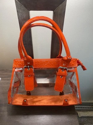Clear Purse Orange  Faux Crocodile Trim with Matching Wristlet & Cosmetic Bag - Image 1 of 4