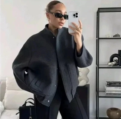 ZARA Women's  Loose Wool-Like Bomber Jacket Relaxed Grey Size XS Oversized - Image 1 of 4
