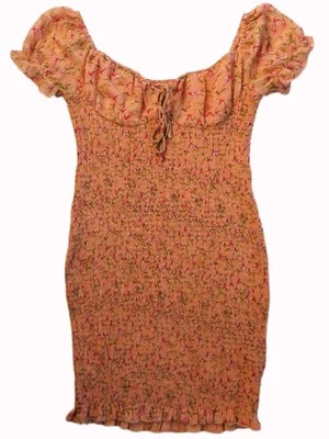 MORNING MIST orange floral short puff sleeve shirred bodycon mini dress 10 EUC! - image 1 of 4