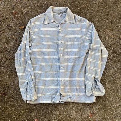 Vintage 50s 60s Loop Collar Button Up Flannel Medium Striped Blue New York - Image 1 of 4