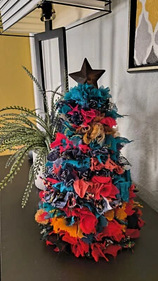 COLORFUL RAG CHRISTMAS TREE Table Top Decor Handcrafted Modern Farmhouse 15 x 8" - Image 1 of 4