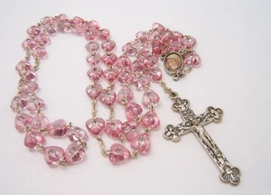 VTG MEDUGORJE 1981 ROSARY PINK HEART SHAPED BEADS 20” - Picture 1 of 6