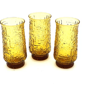 Vintage Libbey Glass Gold Arctica Cooler Tumbler Crinkle Cut Set of 3 - Picture 1 of 13