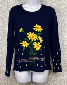 Vintage LeRoy Strickwaren blauer Pullover Gänseblümchen ""He Loved Me Not"" bestickt Größe M - Bild 1 von 7