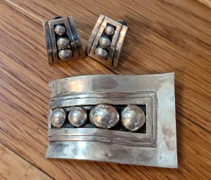 Vtg Mexico RLM 925 Sterling Silver Brooch Screwback Earrings Jewelry Set Modern - Picture 1 of 14