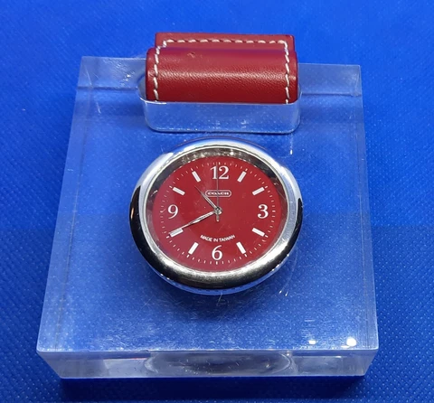 Coach New York Paperweight Desk Clock Reddish BroFace Lucite Leather Silver Logo Cover