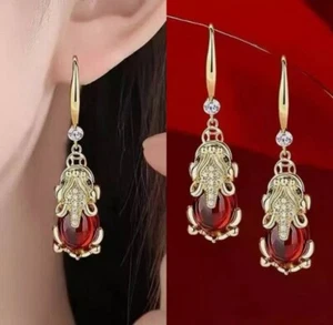 Magnificent Feng Shui Pi Xiu Wealth Protection 18k Gold Plated Garnet Earrings - Picture 1 of 9