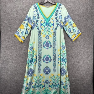 Vestido Soft Surroundings Petite PM Verde Cuello en V Caftán Maxi Boho Resort Costero - Imagen 1 de 10