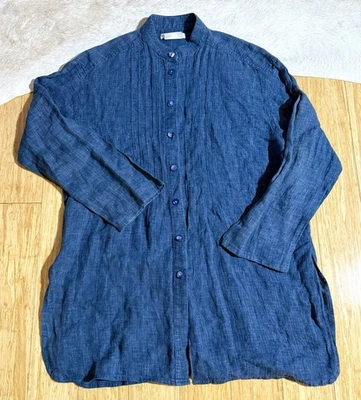 Блузка Jaeger синяя блестящая на пуговицах плиссированная 100% лен с длинным рукавом размер маленький - Изображение 1 из 4