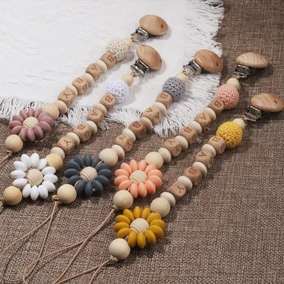 Schnullerkette mit Namen DIY Blume aus Silikon Natur Holz Junge&Mädchen Geschenk - Bild 1 von 4