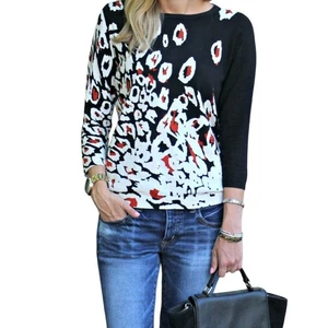 Talbots Damen Pullover Oberteil Medium schwarz weiß braun Print 3/4 Arm Rundhals - Bild 1 von 8