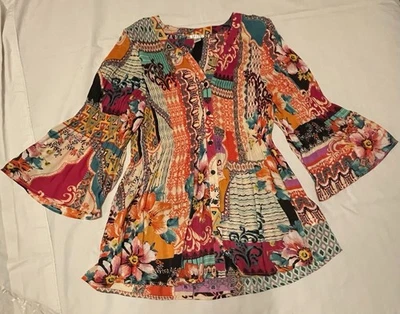 Spense Geometric Floral Top Women XL Colorful V-Neck Bell Sleeves Boho Peasant - Image 1 of 4