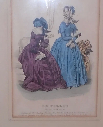 LE FOLLET 1841 LADIES FASHION MAGAZINE HAND-COLORED STEEL ENGRAVING FRAMED 9x13" Cover
