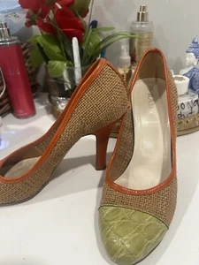 Vintage PRADA Woven Color Block Orange And Green Leather Trim Pumps Size 37 1/2 - Picture 1 of 6
